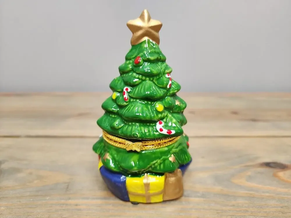 Vintage Christmas Tree Trinket Box Figurine Holiday Decor Whimsical Ceramic